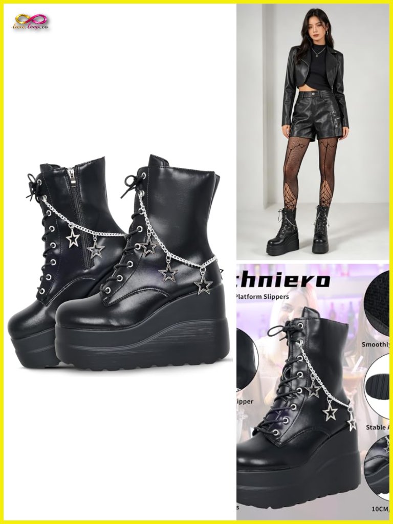 Platform Chunky Heel Boots Faux Leather Punk Combat Ankle Booties Side Zip Lace